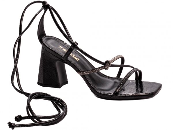 Sandália Feminina Salto Grosso Tiras Strass Amarrar Preto Torricella AVS 60-514A
