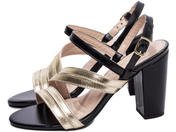 Sandália Feminina Tamanco Salto Grosso Ouro e Preto AVS 8002C