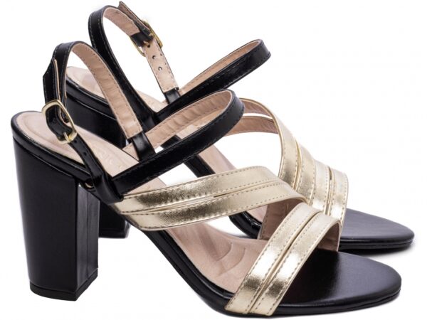 Sandália Feminina Tamanco Salto Grosso Ouro e Preto AVS 8002C
