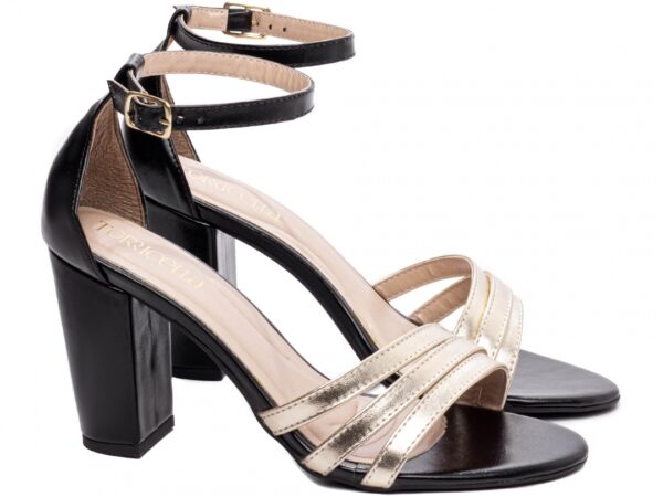 Sandália Feminina Tamanco Salto Grosso Ouro e Preto AVS 8007C