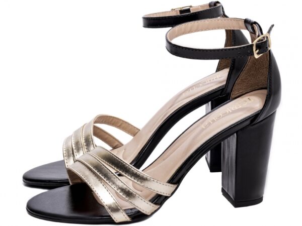 Sandália Feminina Tamanco Salto Grosso Ouro e Preto AVS 8007C