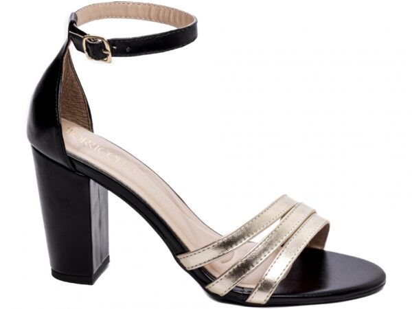 Sandália Feminina Tamanco Salto Grosso Ouro e Preto AVS 8007C